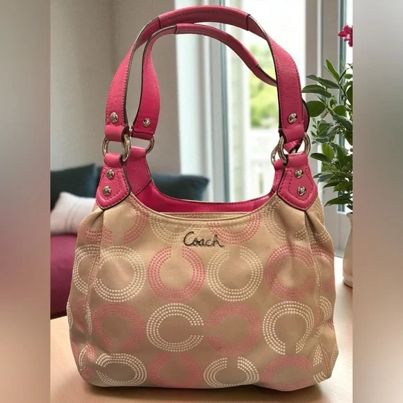 Coach F21920 Op Art Dotted Ashley Hobo Shoulder Bag Khaki Pink Branded Keychain - Picture 15 of 16